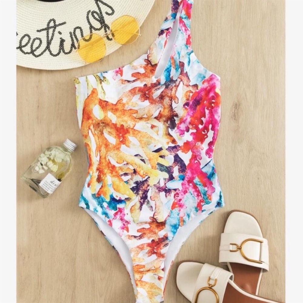 Boho Plus Size Watercolor Print One Shoulder Monokini One Piece Beach Swimsuit - Picture 10 of 10